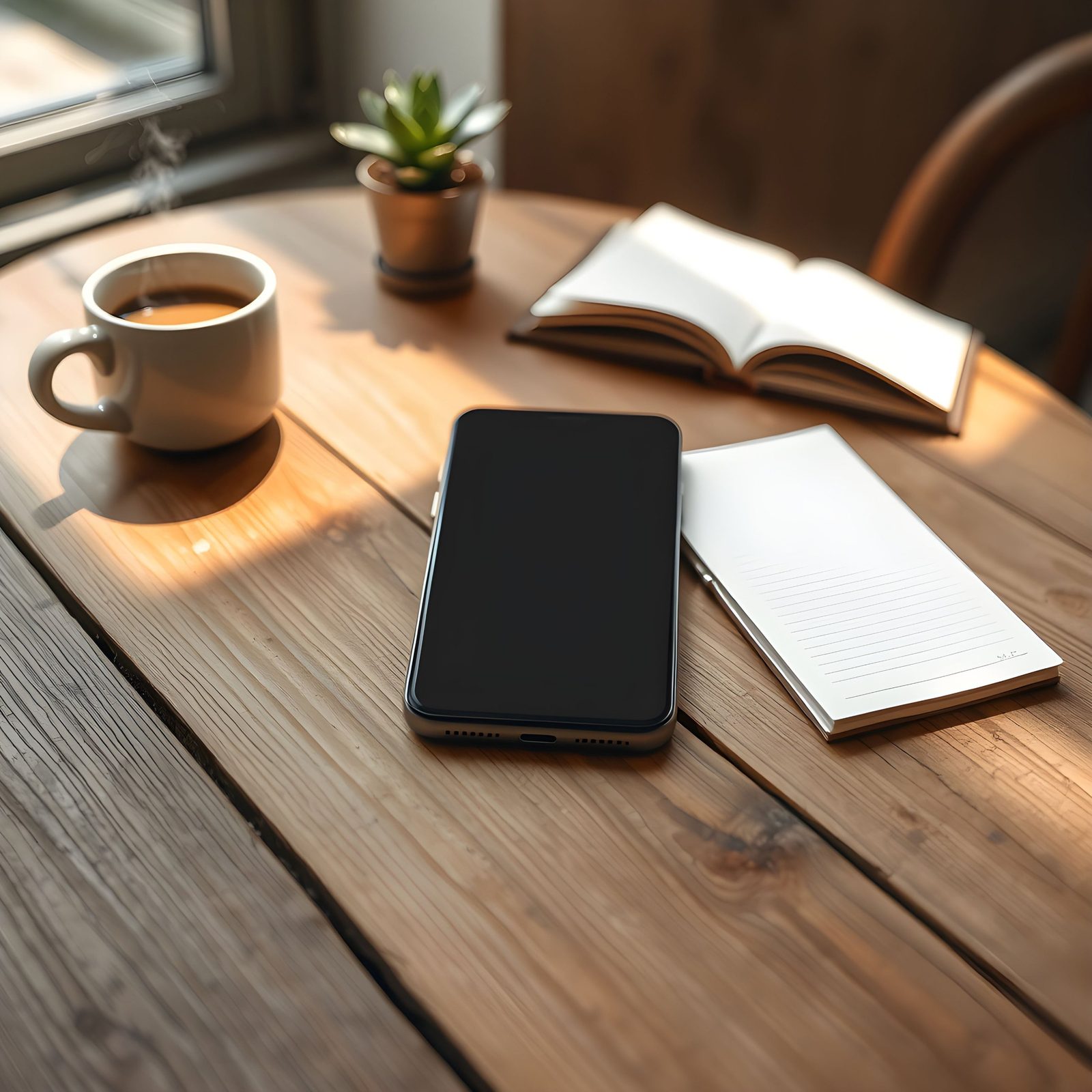 Teléfono, libreta y café sobre una mesa de madera