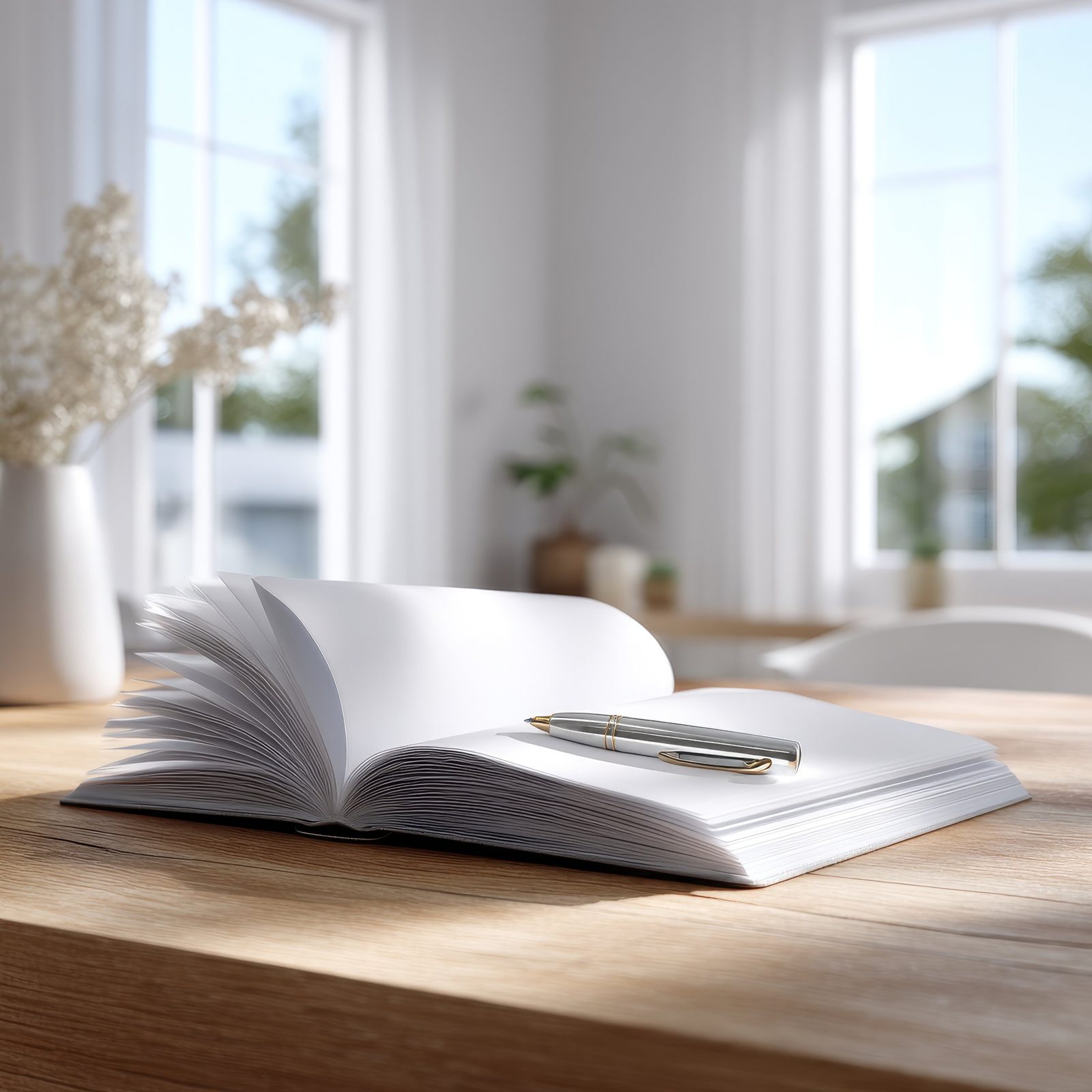 Cuaderno abierto con una lapicera sobre una mesa de madera junto a la ventana